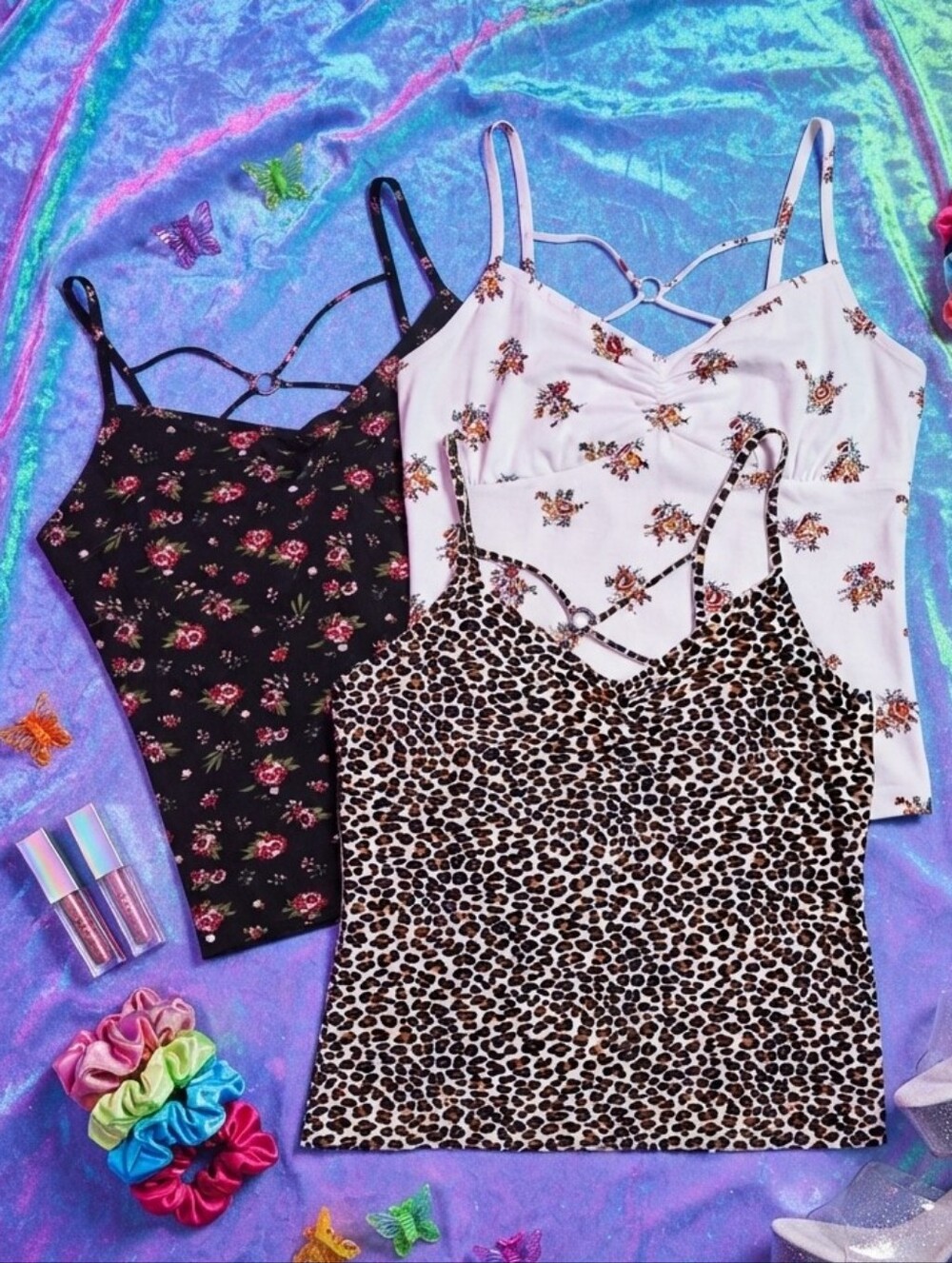 No Boundaries Lot of 3 Floral and Leopard Print Cami Tops with O-Ring Detail